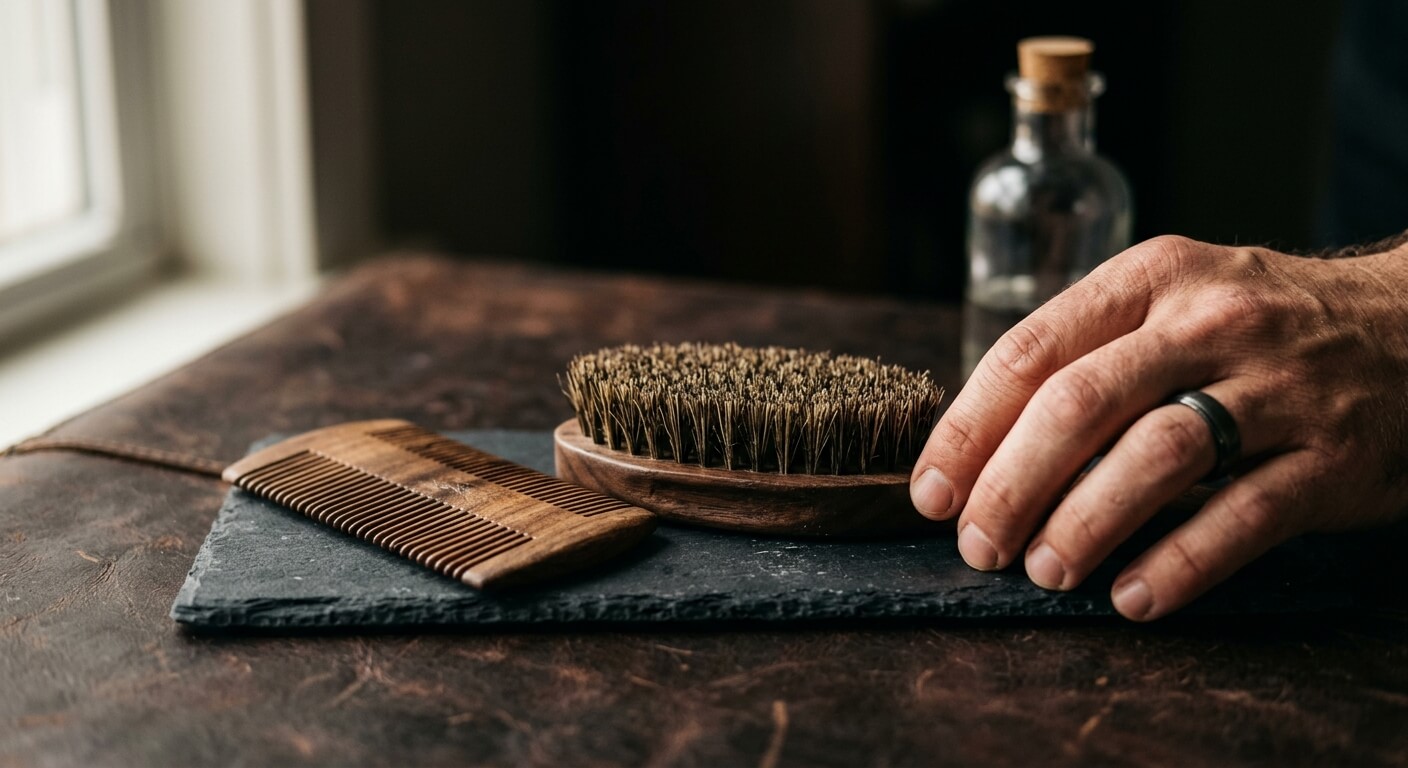 Rithim baardborstel van zwijnenhaar en baardkam van kersenhout naast elkaar